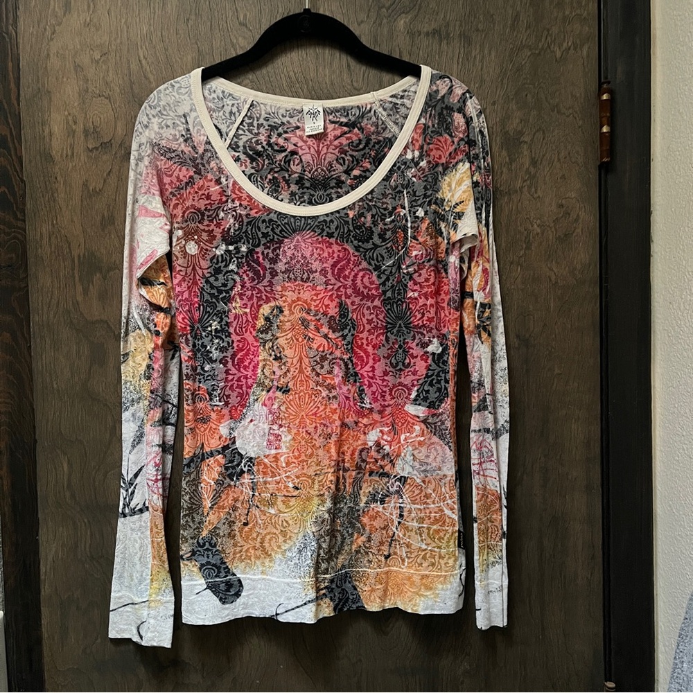 Prana Artistic burnout & layered design.Multicolor Long Sleeve Top- Made in USA